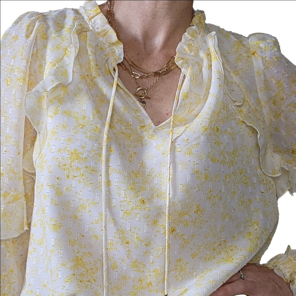 Blouse Pullover style Ruffle neckline Puff sleeves Yellow white gold RACHEL ZOE - Picture 2 of 16